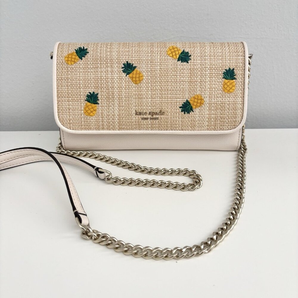 kate spade Pineapple Embroidered Straw Crossbody in Cream and Yellow